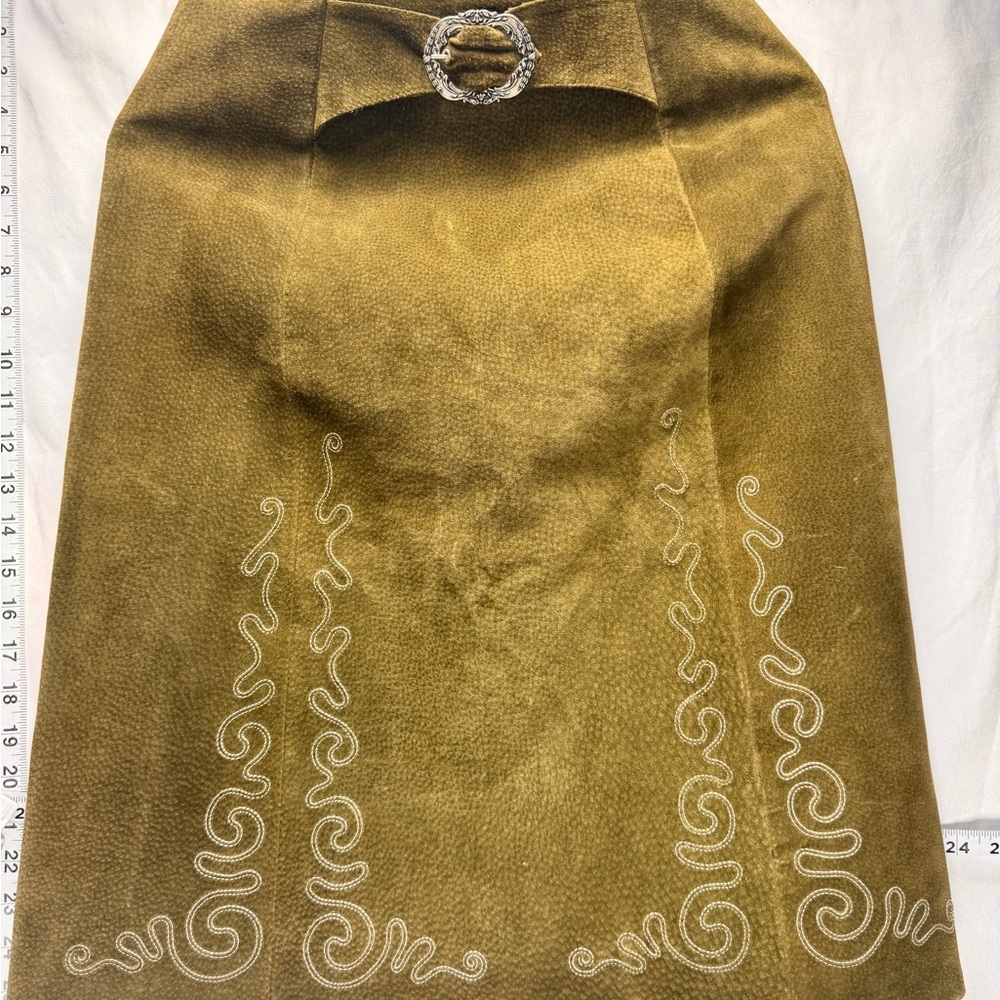 Vintage,  Sz 4, custom, olive green genuine Suede Leather suit with Embroidery.